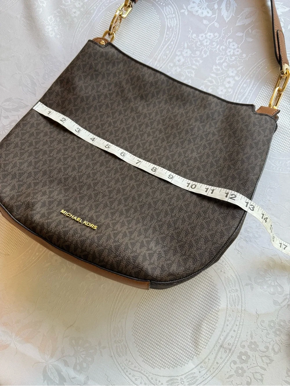 Michael Kors MK Brooke Brown Monogram Shoulder Hobo Bag with Gold-Tone Hardware